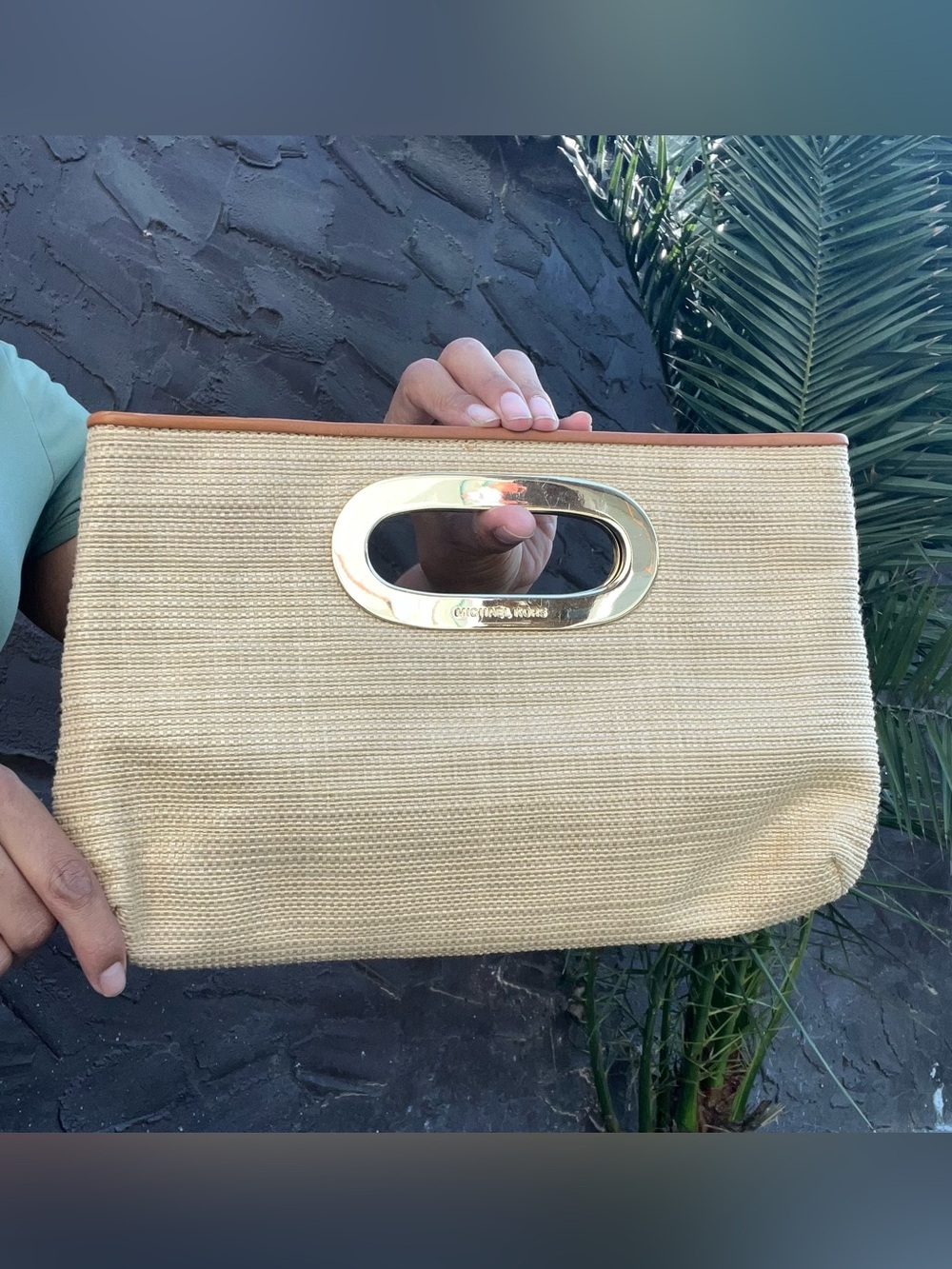 Michael Kors Straw & Leather Clutch